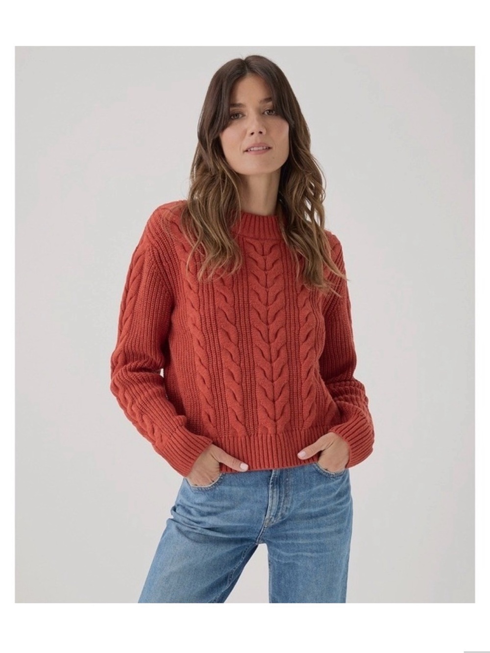 Cozy Cable Knit Crewneck Sweater in Rust Orange